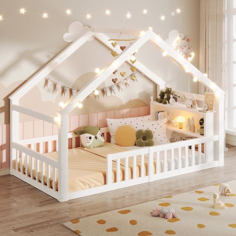 Cama Casita 90×190 cm, Cama Individual con Barandilla, Estantes y Guirnalda de Luces, sin Colchón, de Pino, Blanco (1/5)