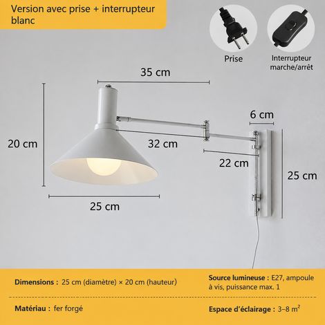 Applique Murale Rétro Bauhaus Bras Extensible blanc modèle à brancher gradation continue compatible Genie LED 52 × 49 × 14 cm 3 kg – Livraison gratuite