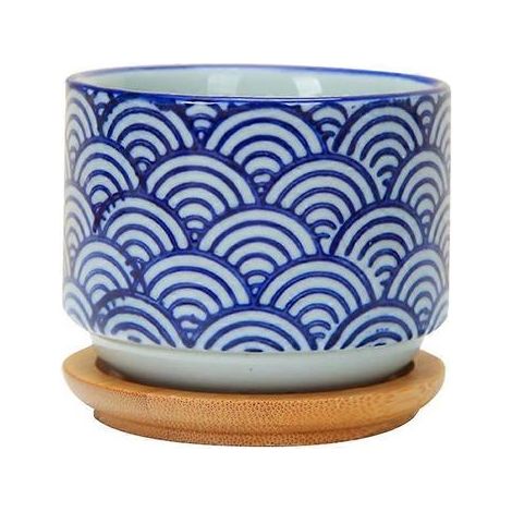 Pot de fleurs en céramique pour plantes succulentes avec plateau en bambou (1 pièce) (1/5)