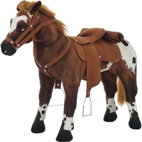 Cheval Debout en Peluche Effets sonores hennissement et Galop Selle étrier rênes 85L x 28l x 60H Marron Blanc (1/5)