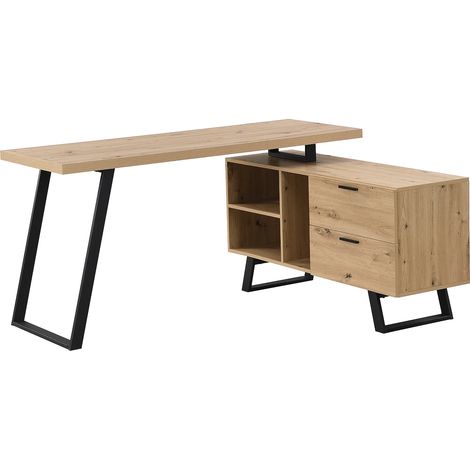 Vente-Unique – Bureau d'angle avec rangements – MDF naturel et noir – 2 tiroirs et 3 niches – Longueur 150 cm, Hauteur 75 cm, Profondeur 120 cm (1/5)