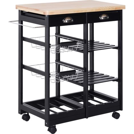 Beyamis Servierwagen mit Rädern, Gemüsewagen, Küchenwagen mit 2 Schubladen, 2 Körben und 2 Ablagen, 74 x 37 x 76 cm, Schwarz