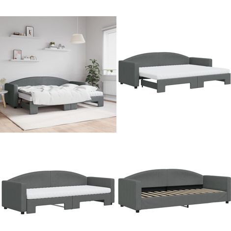 Lit de jour avec gigogne et matelas gris foncé 80x200 cm tissu - Canapé Lit - Lit Gigogne - Lit Convertible - Meuble Multifonction - Literie - Home & Living
