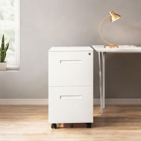 Meuble de bureau roulant blanc avec 2 tiroirs verrouillables (1/5)