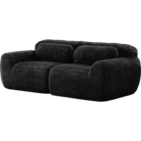 2-Sitzer Sofa, Plüschstoff, rahmenloses modulares Design, frei kombinierbar, mit Kissen. Weich, hochelastischer Schaumstoff, rutschfester Boden, geeignet für Wohnzimmer, Schlafzimmer,Schwarz (1/5)