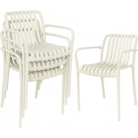 Set di 4 sedie da giardino impilabili con braccioli a doghe, ergonomiche, bianco crema, disponibili in loco. (1/5)