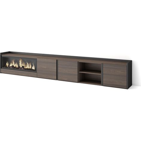Skraut Home - Mobile TV Soggiorno, Ampio spazio a disposizione, 315x35x50cm, Per TV fino a 80", Camino elettrico XXL, Stile moderno, Rovere scuro e Nero (1/5)
