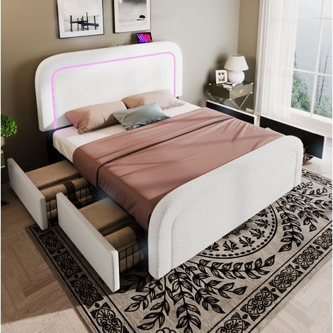 Letto matrimoniale bianco in sherpa 160x200 cm con materasso, USB-C, LED e 4 cassetti contenitore (1/5)