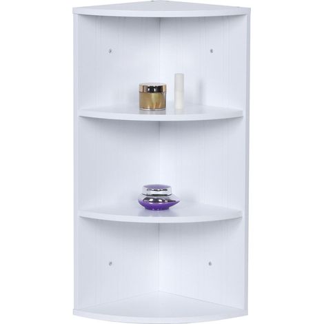 Étagère d'angle, 3 Niveaux, Murale ou Debout, H x L x P : 62 x 35 x 25 cm, MDF, Blanc (1/5)