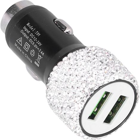 Jeffergarden Chargeur de voiture USB 5 V, double port décoré de strass, adaptateur de charge rapide, accessoire d'intérieur, blanc (1/5)