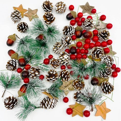 LAOA Set mit 108 Weihnachtskranz-Dekorationen: Künstliche Tannenzapfen und natürliche rote Stechpalmenbeeren zum Selbermachen von Weihnachtsbaumschmuck (1/5)