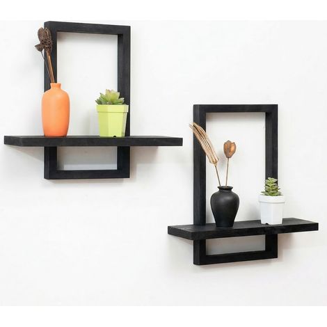 Lot de 2 Étagères Murales Bois – Étagère Murale Flottante pour Décoration Salon, Chambre, Cuisine – Tablette Murale Design Moderne pour Livres, Plantes, Cadres (Noir) (1/5)