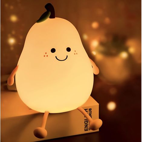 Veilleuse LED en forme de poire pour chambres d'enfants, tactile, en silicone souple, rechargeable par USB, lampe de chevet, lumière blanche chaude, 7 couleurs disponibles, coffret cadeau. (1/5)