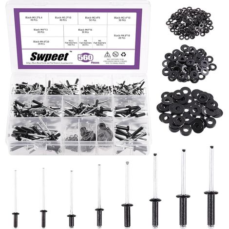 560 pièces noir 3/32 "1/8" 5/32 "3/16" rivets POP, combinaison avec rondelle de rechange en acier inoxydable, combinaison avec boîtier d'étiquette rivets aveugles en aluminium (1/5)