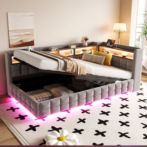 Cama tapizada con almacenaje 90 x 200 cm en terciopelo gris claro, USB, LED, OKWISH (1/5)