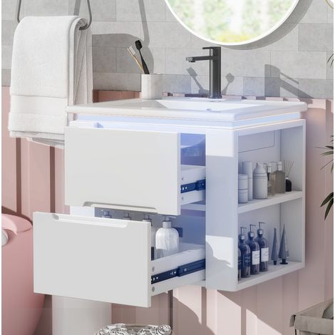 Mobile bagno sospeso 60x46x48.5 cm, con lavabo integrato, illuminazione a sensore radar, due cassetti, MDF e ceramica bianco (1/5)
