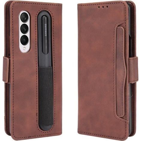 Coque Samsung Galaxy Z Fold 4 5G Antichoc Cuir PU Portefeuille Fentes et Porte-S Pen Housse Etui pour Galaxy Z Fold 4 -Marron