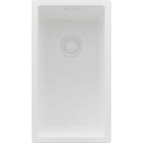 PRIMAGRAN Evier Sous Plan 26x47cm, Evier en Granit 1 bac + Kit de Vidage, Évier au meuble 30cm - London, Tout Blanc (1/5)