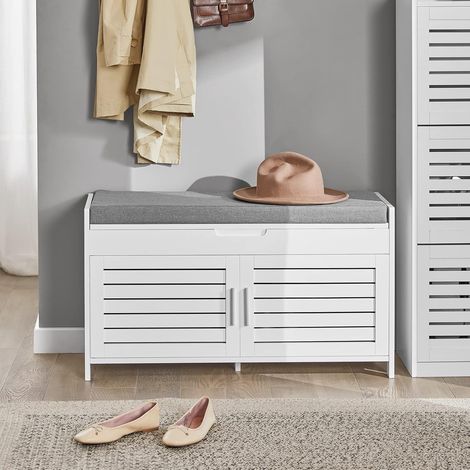 SoBuy Scarpiera Panca Contenitore con 2 Ante - Panca Ingresso Salvaspazio, Vano Portaoggetti, Design Semplice e Compatto, Facile Installazione, Colore Bianco, L90xP33xA50 cm - FSR102-W