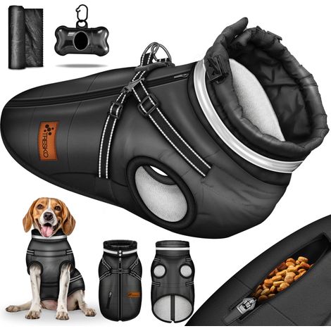 TRESKO Veste d'hiver noire pour chien, taille XL, avec réflecteurs, 15 sacs à déjections et distributeur inclus Imperméable pour chien Manteau pour chien avec harnais Gilet d'hiver doublé pour chie (1/5)