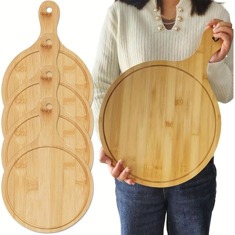 Planche à découper en bambou avec poignée – Bloc à découper rond en bois pour pizzas, fromage et charcuterie, grandes planches à pagaie de cuisine avec rainure pour jus (4, grande) (1/5)
