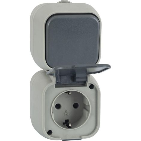 Interruptor Simple Conmutado y Enchufe tipo F Schuko IP54         Gris