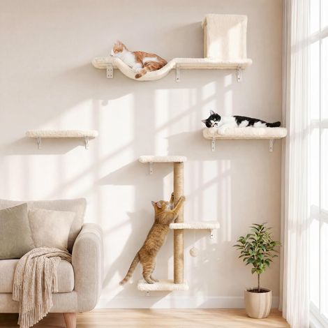 Étagères Murales pour Chat, 4 en 1 Ensemble de Meubles Muraux, Mur d'escalade en Bois avec Griffoir, Pont et Lit pour Chat, Beige (1/5)