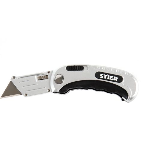 STIER Klappmesser, Cuttermesser, Arbeitsmesser, wechselbare Trapezklinge, ergonomischer Komfortgriff, Einklappmechanismus, Kleines Format, Geringes Gewicht, Einfaches Klingenwechseln