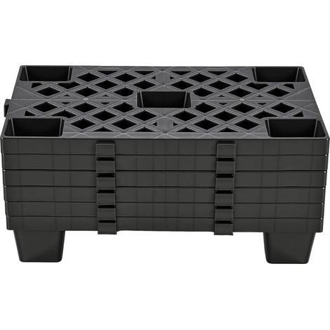 Palettes en plastique, lot de 6, légères et empilables, grille ventilée, usage intérieur/extérieur, 500x305x100 mm, noir. (1/5)