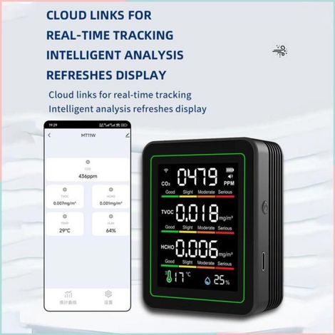 Détecteur Qualité Air - WiFi - CO2 HCHO TVOC Température Humidité - Écran Couleur LCD - 90 x 70 x 35 mm - Noir - 1 Pièce (1/5)