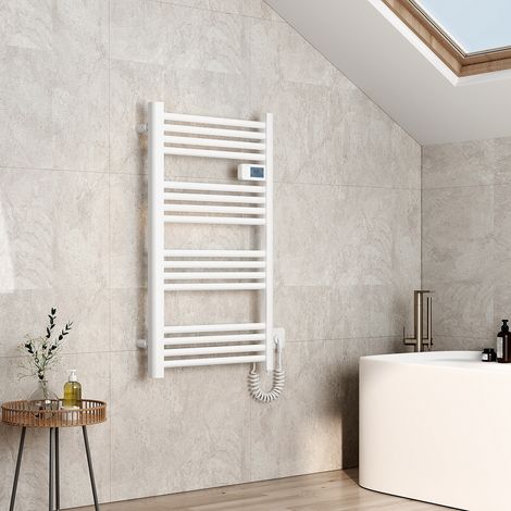 EMKE Elektrischer Badheizkörper Elektrisch mit Intelligenten Thermostat Gerade mit Seitenanschluss , Handtuchwärmer aus Aluminium Handtuchtrockner mit Heizstab 96 x54 cm Weiß (1/5)