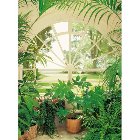 Papier peint panoramique fenêtre blanche | Tapisserie panoramique idéale pour salle de bain | Papier peint panoramique plantes vertes - 192 X 260 cm (4 pièces) (1/2)