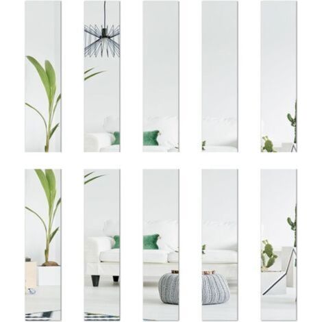 Lot de 10 miroirs en verre - 5 x 20 cm chacun - Carreaux de miroir - Décoration murale - Autocollants rectangulaires - Effet 3D - Miroir mural autocollant - Bricolage sans cadre - Argenté (1/5)
