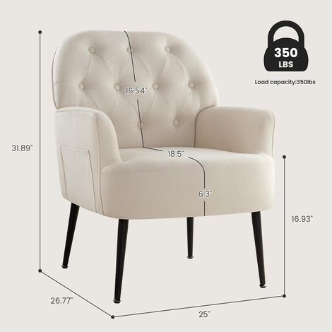 Fauteuil confortable en lin avec accoudoirs et poche latérale, pieds métalliques, beige (1/5)