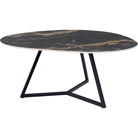 Couchtisch PETRANO 70 cm in schwarzer Sandmarmor-Effekt Keramik und schwarzem Metall – Organische Form (1/5)