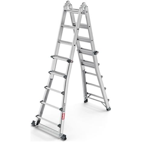 Hailo Master M100 - Escalera de aluminio multifunción (4 x 5 peldaños, se puede utilizar como escalera de apoyo, deslizante y de pie, peldaños en el área de trabajo para un soporte seguro, soporta