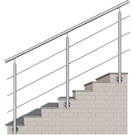 Garde-corps 200cm - En inox 304 - Rampe escalier pose latérale - 1 main courante et 3 traverses - Intérieur & extérieur - Kit complet (1/5)