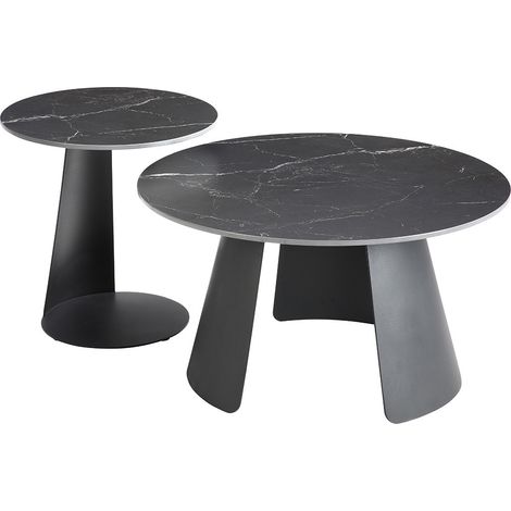 DOMIA - Tables Gigogne Plateaux Céramique Marbré Noir Pieds Métal Noir Mat (1/4)