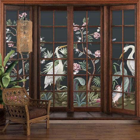 Papier peint panoramique Trompe l'oeil Fenêtre en bois - Oiseaux Tropicaux - 130 cm x 104 cm (1/5)