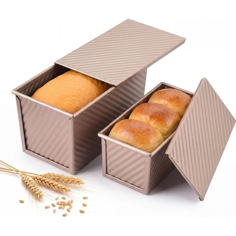 Lot de 2 moules à pain de mie antiadhésifs : petit (19x9,5x8 cm) et grand (21x11,5x11 cm), avec couvercles et trous d'aération pour (1/5)