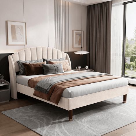 Lit adulte rembourrée 140x190 cm en velours,2 places,Lit Double Rembourré avec tête de lit, sommier à lattes en bois,Tête de lit rembourrée,Charge maximale 300 kg,moderne,Beige (1/5)