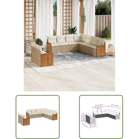 The Living Store 9-tlg. Garten-Sofagarnitur mit Kissen Beige Poly Rattan - Gartensofas - Gartenmöbelset - PE-Rattan Möbel - Outdoor Lounge Set - Balkonmöbel (1/3)