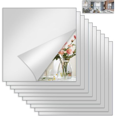 Lot de 10 films miroir adhésifs muraux, carrés acryliques 20x20 cm, pose sans perçage. (1/5)