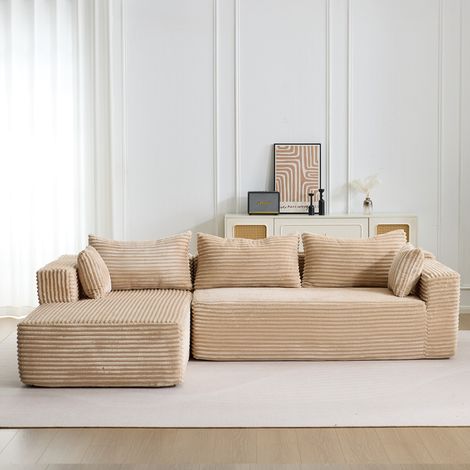 Canapé d'angle modulable avec méridienne, canapé-lit L confortable profond, velours côtelé beige pour salon/chambre/appartement (1/4)