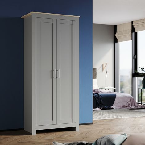 ELEGANT 2 Door Double Wardrobe Solid Wood Style Wardrobe Large Storage Wardrobe Gray/Oak Bedroom Wardrobe (1/5)