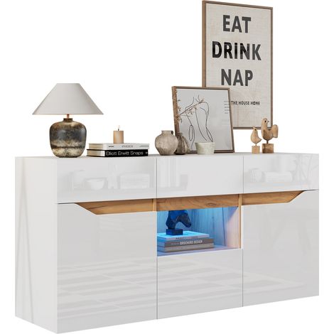Sideboard mit 4 Schubladen, 2 Schränken und LED, Hochglanz-Front, in Spanplatte, Weiß, 140×40×70 cm (1/5)