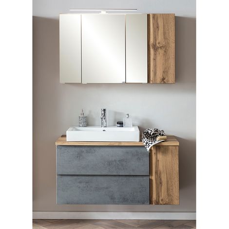 Waschplatzset inkl. Keramik-Waschbecken links und LED Beleuchtung, Wotan Eiche Nb. mit Beton Optik, VASTO-03-CONCRETE, B/H/T ca. 105/200/47 cm (1/5)