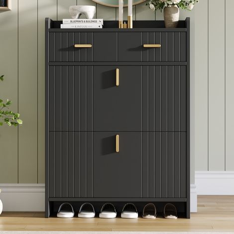 Schuhschrank schmal - 75 x 24 x 108,5 cm - Schuhkipper mit 2 Klappfächern und 1 Schublade für Flur und Eingangsbereich - moderner Holz-Schuhschrank - schwarz (1/5)