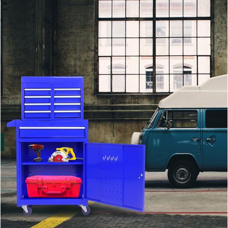 Cassettiera portautensili 56.5x32.5x68 cm, a 5 cassetti, con ruote, scaffale regolabile, acciaio blu (1/5)