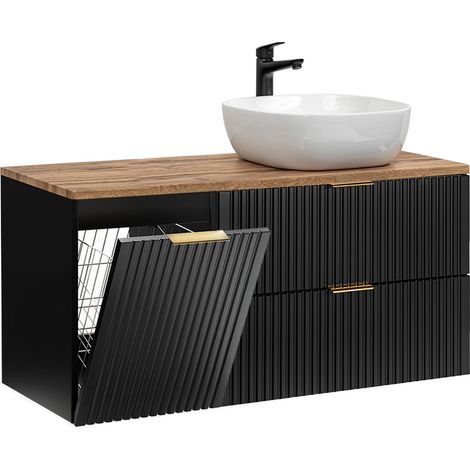 Meuble simple vasque 120cm panier à linge Adriel Noir et Bois (1/5)